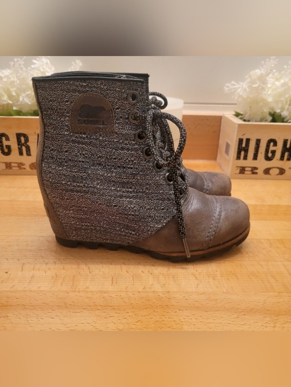 Sorel Joan of Arctic PDX Wedge Ankle Boots Quarry Grey Brown Womens Sz 7.5